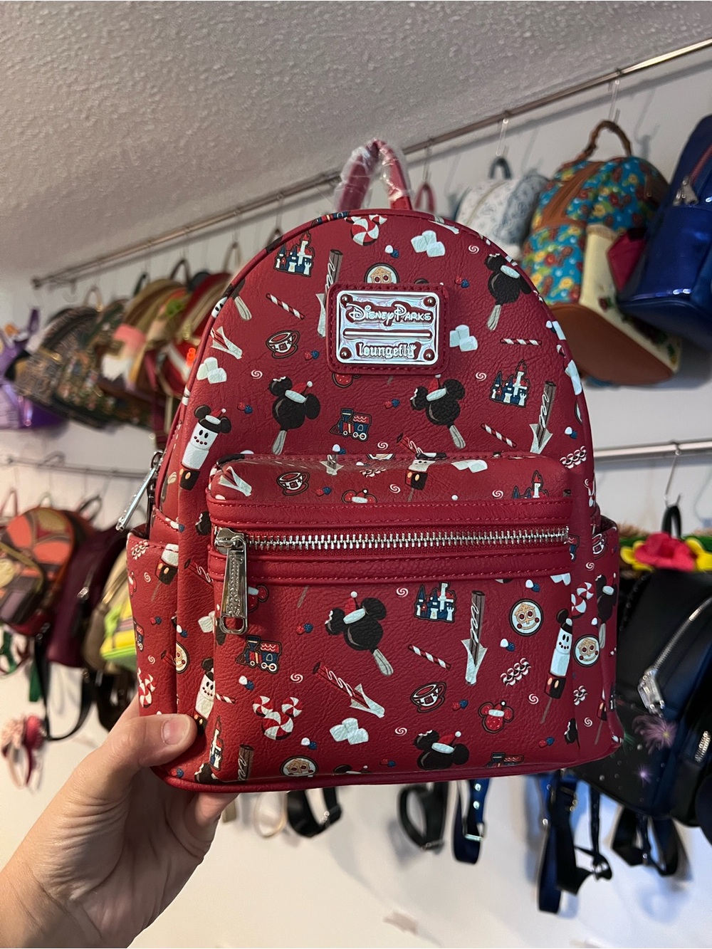 Loungefly Red Disney Parks Mini Backpack with Holiday Icons